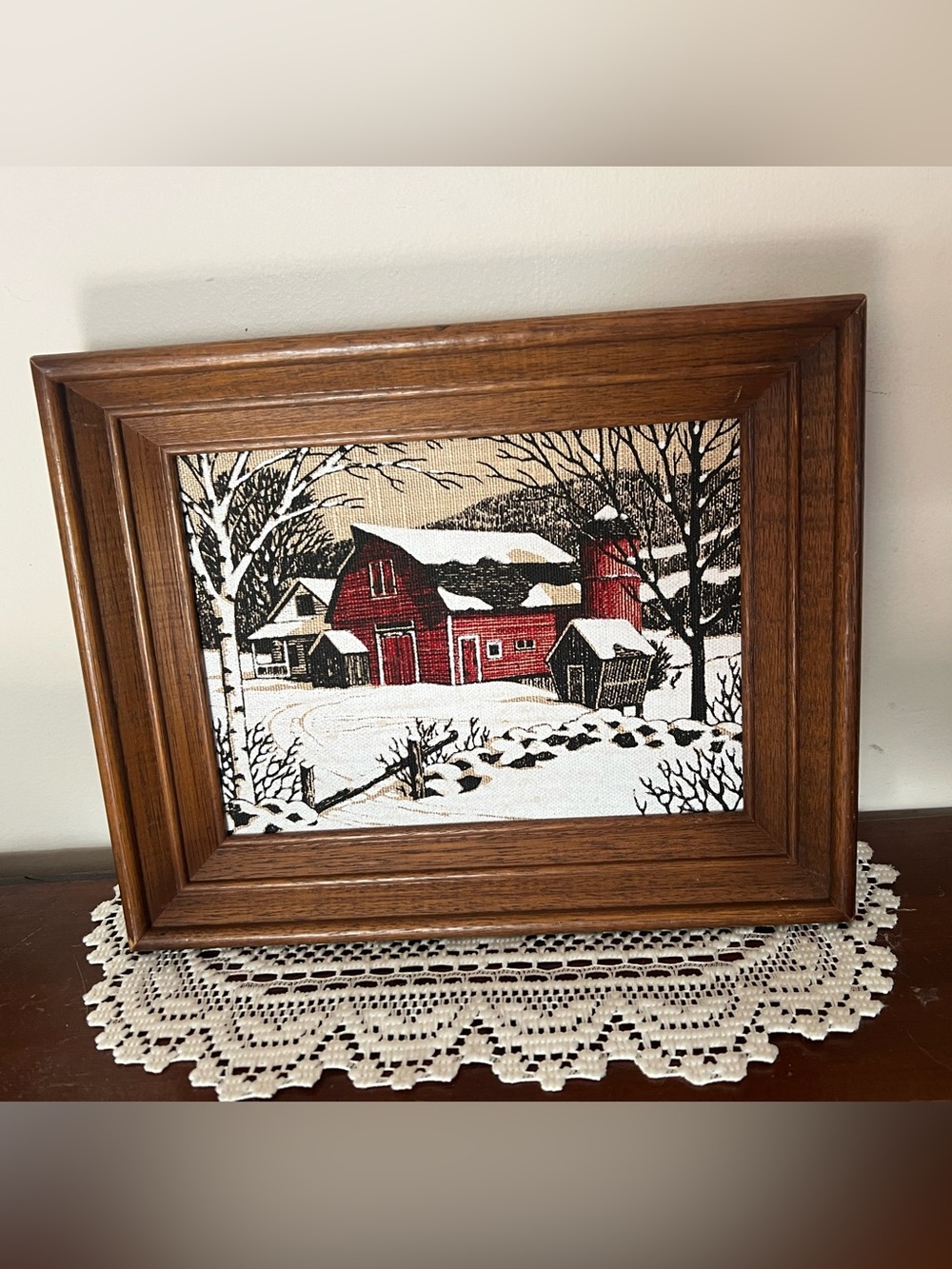 Vintage KAY DEE HandPrints 100% Pure Linen Framed Farm Winter Scene 11" X 9"